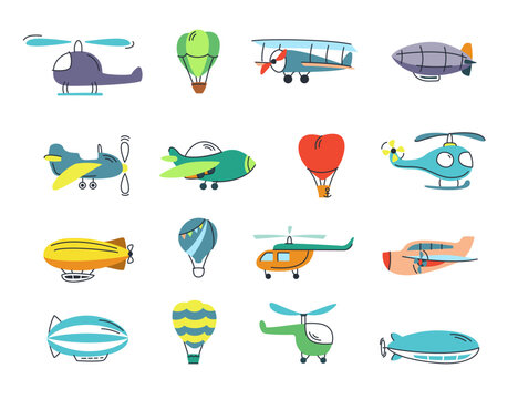 kids airplanes. plane balloons airship helicopters toys. Vector stylized funny colored illustrations