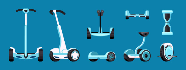 Fototapeta premium Segway. gyro scooter monowheel hoverboard safety and fast eco electric transport for moving in city. Vector urban vehicles segway
