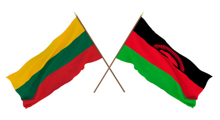 Background, 3D render for designers, illustrators. National Independence Day. Flags Lithuania and Malawi