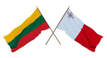 Background, 3D render for designers, illustrators. National Independence Day. Flags Lithuania and Malta