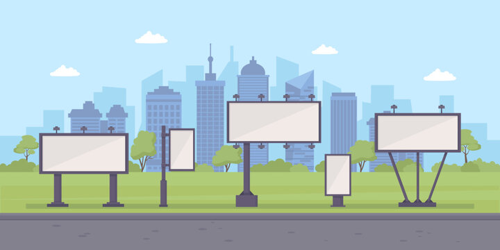 billboards. city landscape with blank ads billboards outdoor banners mockup templates. Vector urban background