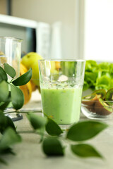 Concept of healthy breakfast, glass of smoothie, selective focus