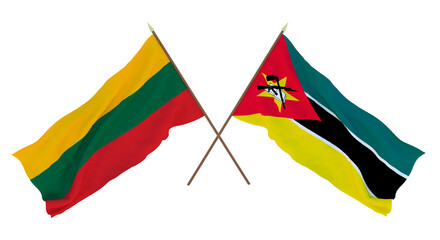 Background, 3D render for designers, illustrators. National Independence Day. Flags Lithuania and Mozambique