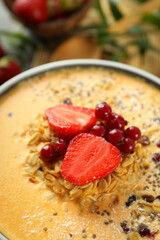 Concept of tasty and healthy food with smoothie