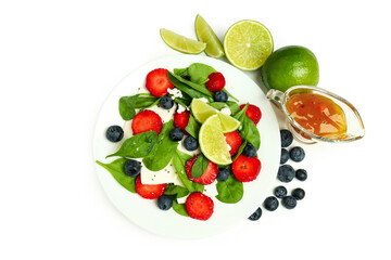 Concept of tasty food, salad with strawberry, isolated on white background