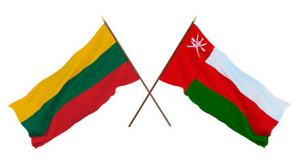 Background, 3D render for designers, illustrators. National Independence Day. Flags Lithuania and Oman