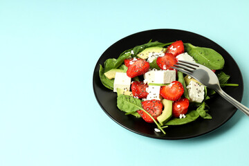 Concept of tasty salad, salad with strawberry, space for text