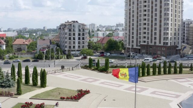 Moldavian flag waving in wind at Eternity Memorial Complex in Chisinau.