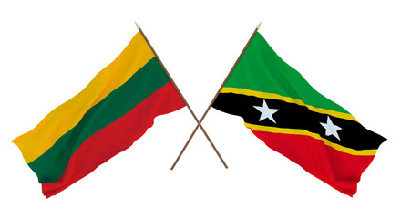 Background, 3D render for designers, illustrators. National Independence Day. Flags Lithuania and Saint Kitts and Nevis