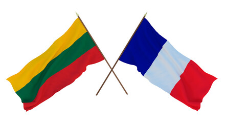 Background, 3D render for designers, illustrators. National Independence Day. Flags Lithuania and Saint Martin