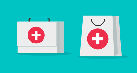 Aid kit case 3d icon for first medical help vector or rescue medicine emergency bag with pharmacy tools clip art set illustration isolated on white, safety suitcase graphic modern image