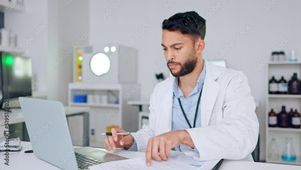Aufkleber Confused, annoyed and serious scientist thinking about medical research problem while working in a lab. Young chemical engineer analyzing data, doing hard work but finding it difficult to find a fix