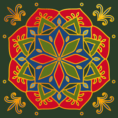 Ethnic gold mandala with folk geometric elements, and leaves on a green background. Oriental vintage ornament. Seamless pattern for the tile