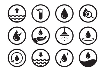 Water drop pictogram icon set. Eco, recycle water, sea care icon. Solid black shape symbol. Vector illustration.