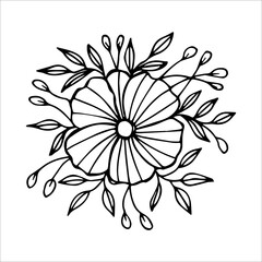 Hand drawn flower bouquet arrangement in black and white color doodle or sketch style