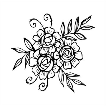 Hand drawn flower bouquet arrangement in black and white color doodle or sketch style