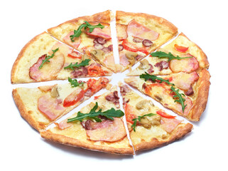 traditional italian pizza with bacon ham isolated on a white background