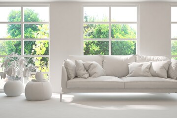 Fototapeta premium Mock up of stylish room in white color with sofa and green landscape in window. Scandinavian interior design. 3D illustration
