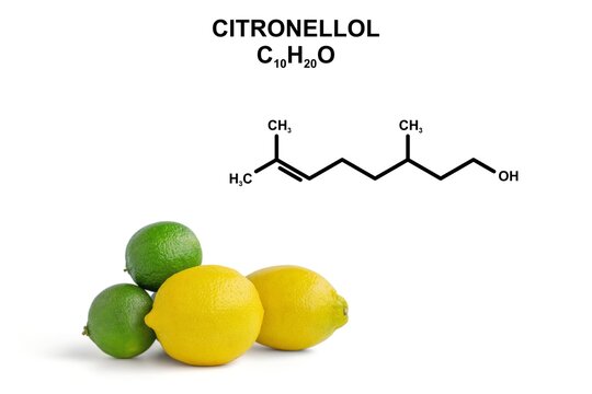 Lemons and limes with the structural formula of citronellol.