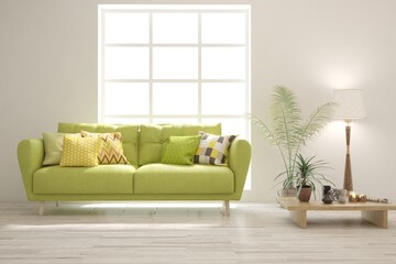 Fototapeta premium White living room with sofa. Scandinavian interior design. 3D illustration