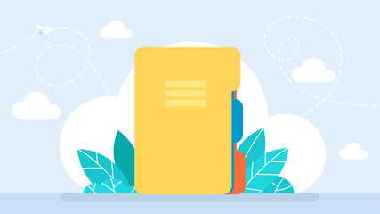 Folder with colored flaps. Office manager folders icon. Office manager folders icon for web design. Work with data. Cloud technologies. Folder sharing. Open source. Flat style illustration - obrazy, fototapety, plakaty