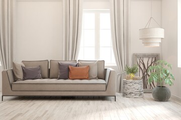 White living room with sofa. Scandinavian interior design. 3D illustration