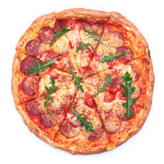traditional italian pizza with pepperoni spicy sausages isolated on a white background