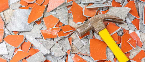 Pieces of concrete, brick and tiles debris from demolished old house on landfill