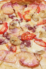 Bacon ham Pizza top view close-up macro shot