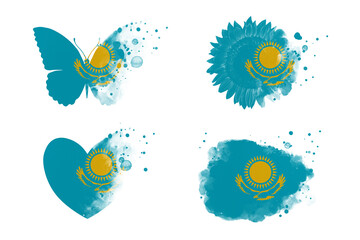 Sublimation backgrounds different forms on white background. Artistic shapes set in colors of national flag. Kazakhstan