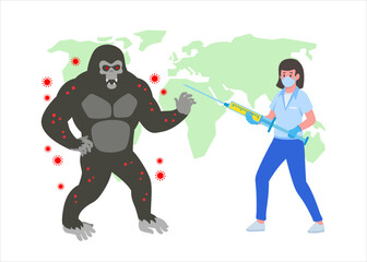 Woman doctor with vaccine syringe stop monkeypox virus epidemia vector illustration