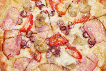 Bacon ham Pizza top view close-up macro shot