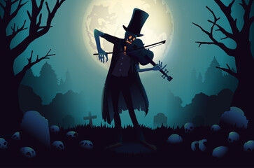 Skeleton Ghost Zombie with a high hat play violin in the graveyard with gravestones and many skulls on the floor. Full moon with dead tree background. © logo3in1