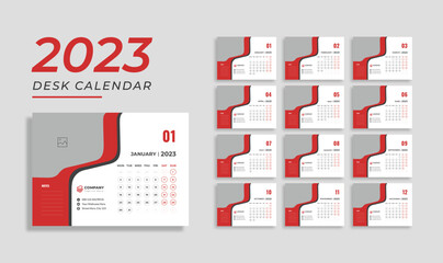 Red Desk Calendar 2023, template for annual calendar 2023, 12 months included