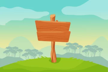  Game background landscape with wooden signboard in cartoon style. Magic scene, mountains and silhouette forest. © Alyona