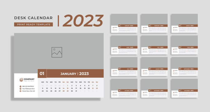 2023 desk calendar template design for modern corporate business, 12 months included