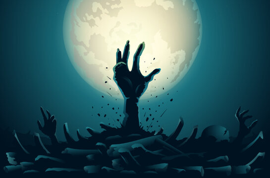 Silhouette zombie Hands and arms rising out of skull pile and bones on full moon background. Illustration about zombies and ghosts resurrecting out of Hell.