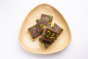 Choco Vanilla Pateesa or chocolate mawa barfi or or two layered burfi, Indian sweet or dessert