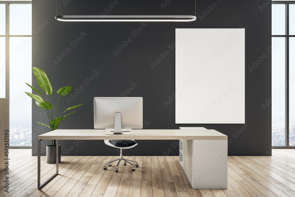 Aufkleber Modern office interior with empty mock up banner, furniture and other objects. 3D Rendering.