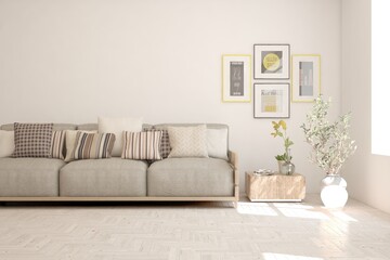 White living room with sofa. Scandinavian interior design. 3D illustration