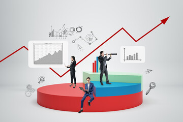 Abstract image of businesspeople with creative pie-chart on white background. Finance, business management and market research concept.