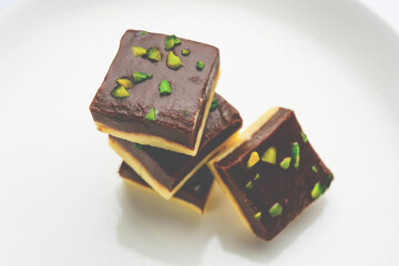 Choco Vanilla Pateesa or chocolate mawa barfi or or two layered burfi, Indian sweet or dessert
