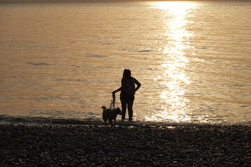 Femme et son chien devant la mer et coucher de soleil