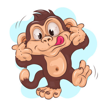 Cartoon Monkey Can't Hear. Funny cartoon illustration of a monkey plugging his ears with his fingers. Cartoon mascot. Positive and unique design.