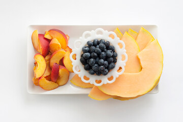 Fruit Platter Tray with Peaches, Blueberries and Cantaloupe