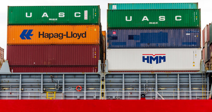Rendsburg, Germany - May 11, 2022: Containers stacked on a large ship.