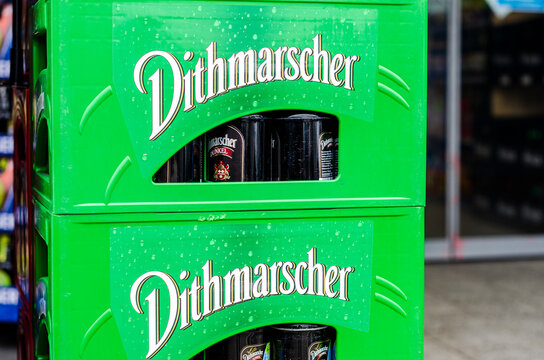 Schleswig, Germany - May 11, 2022: Dithmarscher beer in the beer crates