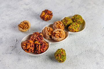 Healthy Organic Energy balls with nuts and dried fruits. Traditional Turkish dessert.