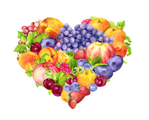 Obraz na płótnie Canvas Healthy food - heart of fruits, berries. Watercolor drawing