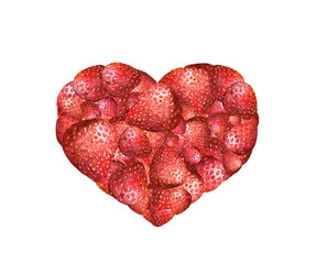 Strawberry heart shape with red berries. Watercolor